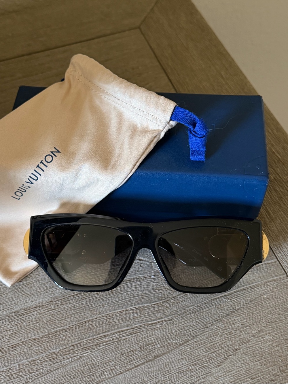 Louis Vuitton Black Rectangular Sunglasses with Gold Accents